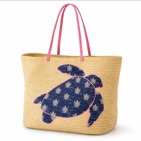 Vera Bradley Handbags - Vera Bradley Straw Turtle Beach Tote Pink Handle Coastal Summer Bag